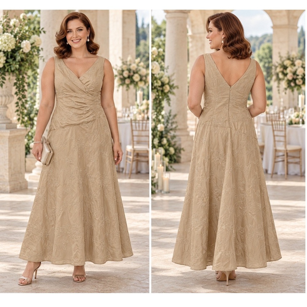 Minimalist Bridal Y2K Boho ChampagneTan Embroidered Taffeta VNeck 12 Maxi Dress